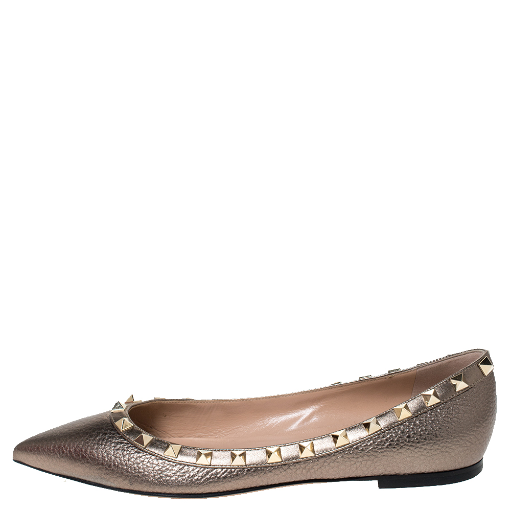 

Valentino Metallic Bronze Leather Rockstud Pointed Toe Ballet Flats Size