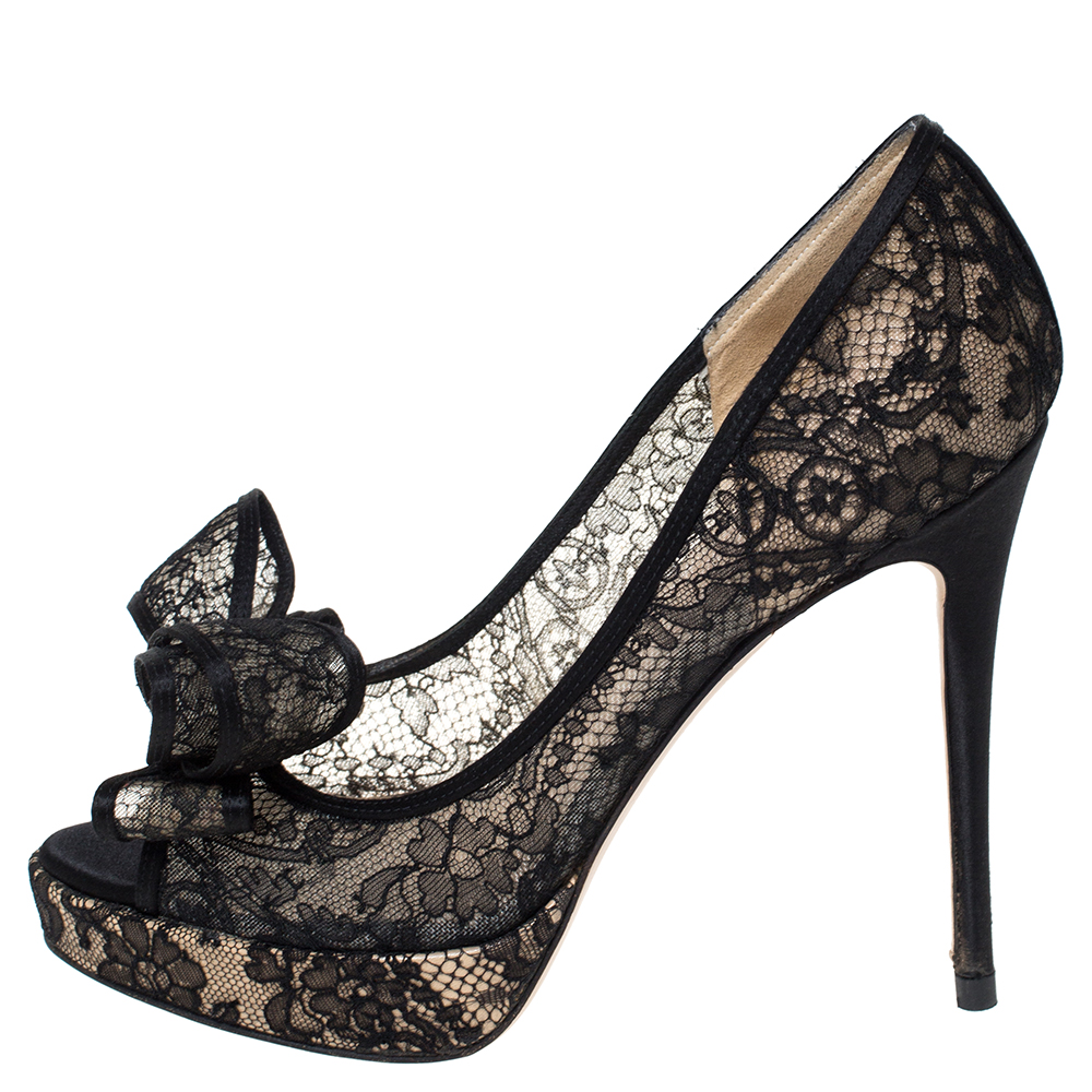 

Valentino Black Floral Couture Lace Bow Peep Toe Platform Pumps Size