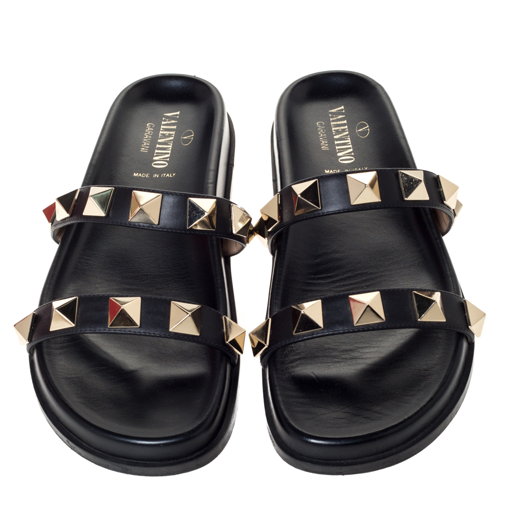 Valentino Black Leather Rockstud Flat Lock Slide Sandals Size 39.5 ...