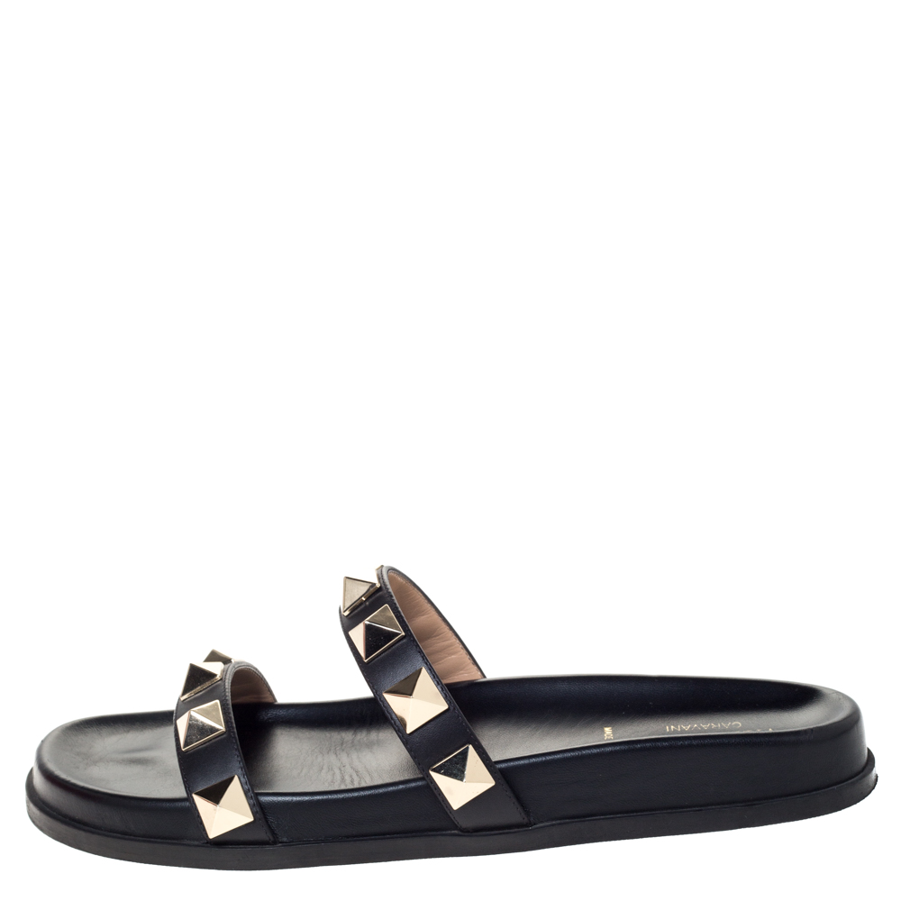 

Valentino Black Leather Rockstud Flat Lock Slide Sandals Size