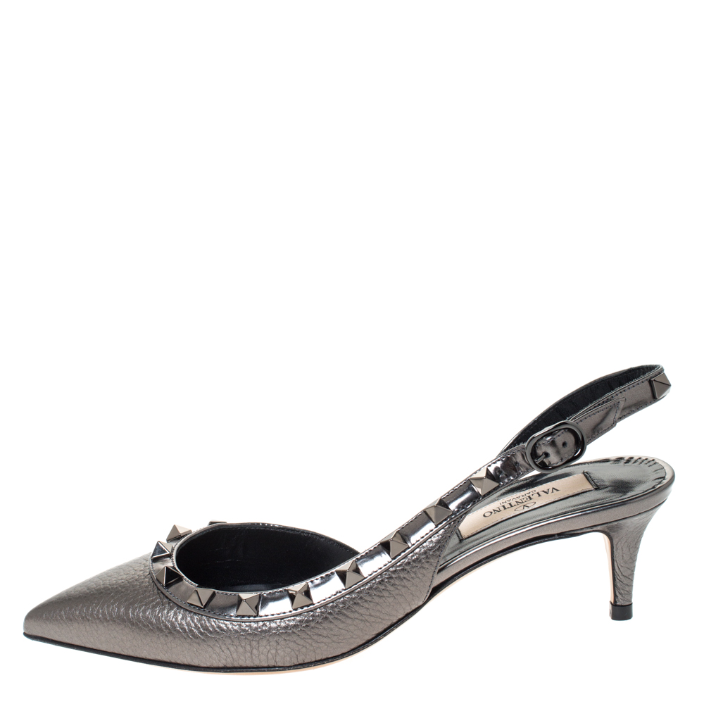 

Valentino Metallic Grey Leather Rockstud Slingback Sandals Size