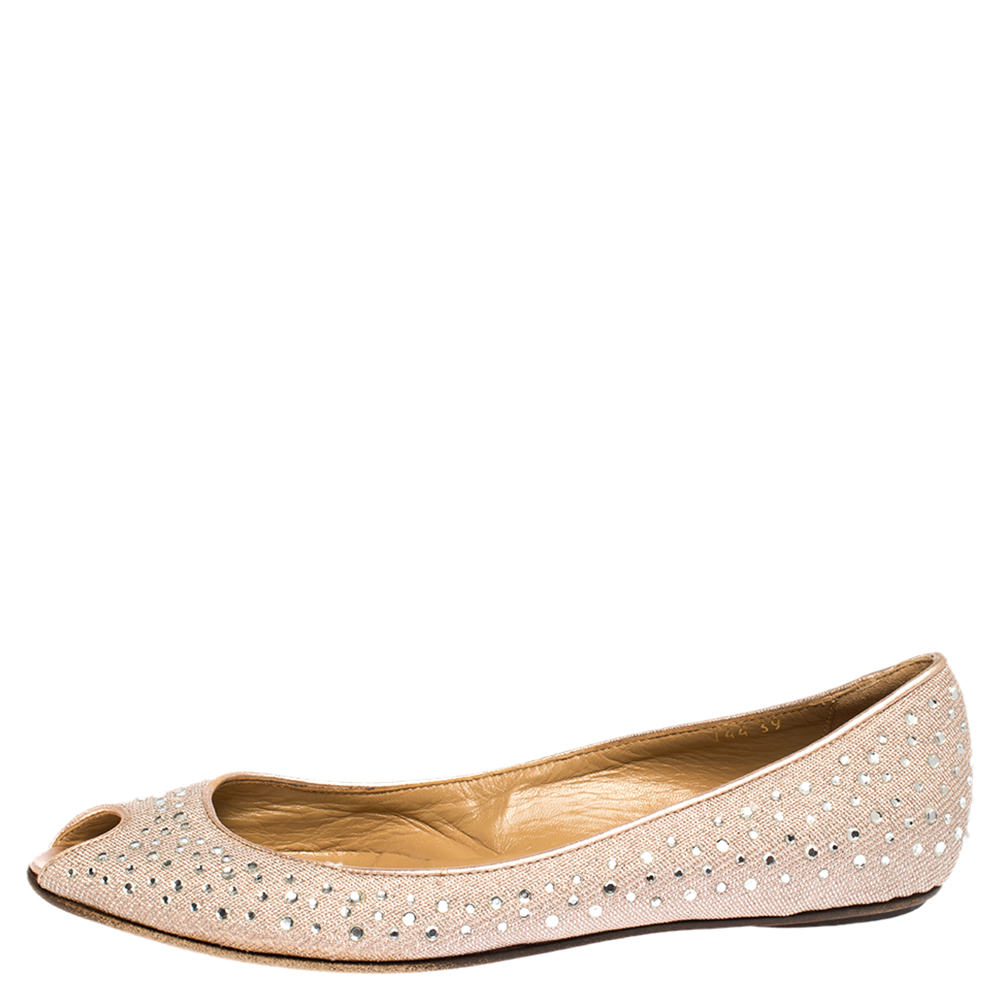 

Valentino Pink Embellished Glitter Fabric Peep Toe Ballet Flats Size