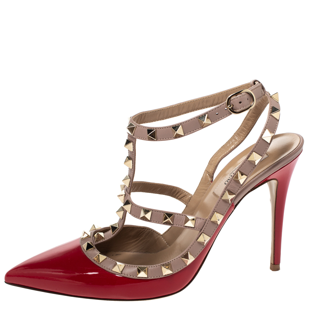 

Valentino Red/Beige Patent And Leather Trim Caged Rockstud Sandals Size