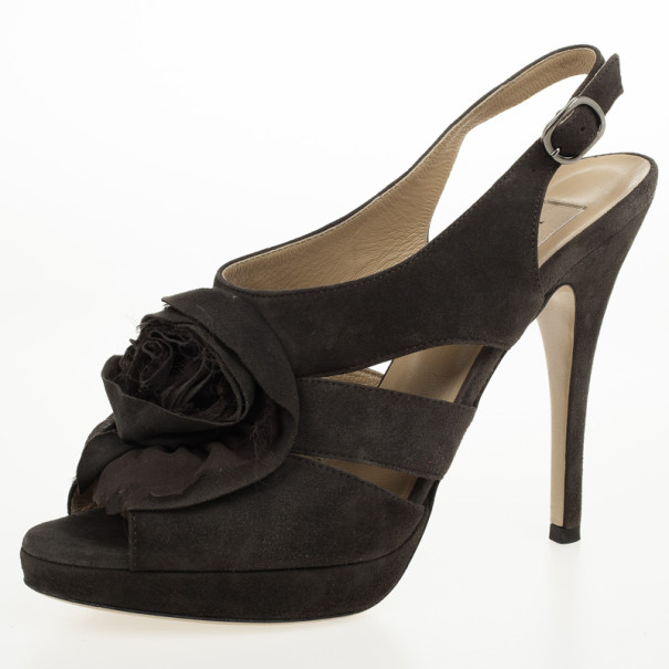 Pre Owned Valentino Grey Suede Rose Slignback Sandals Size 37.5