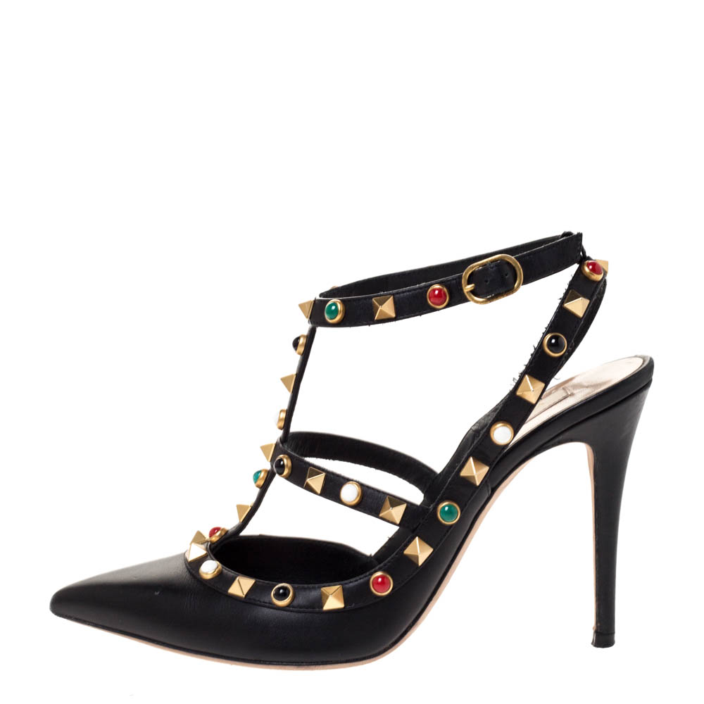 

Valentino Black Leather Rockstud Rolling Ankle Strap Sandals Size