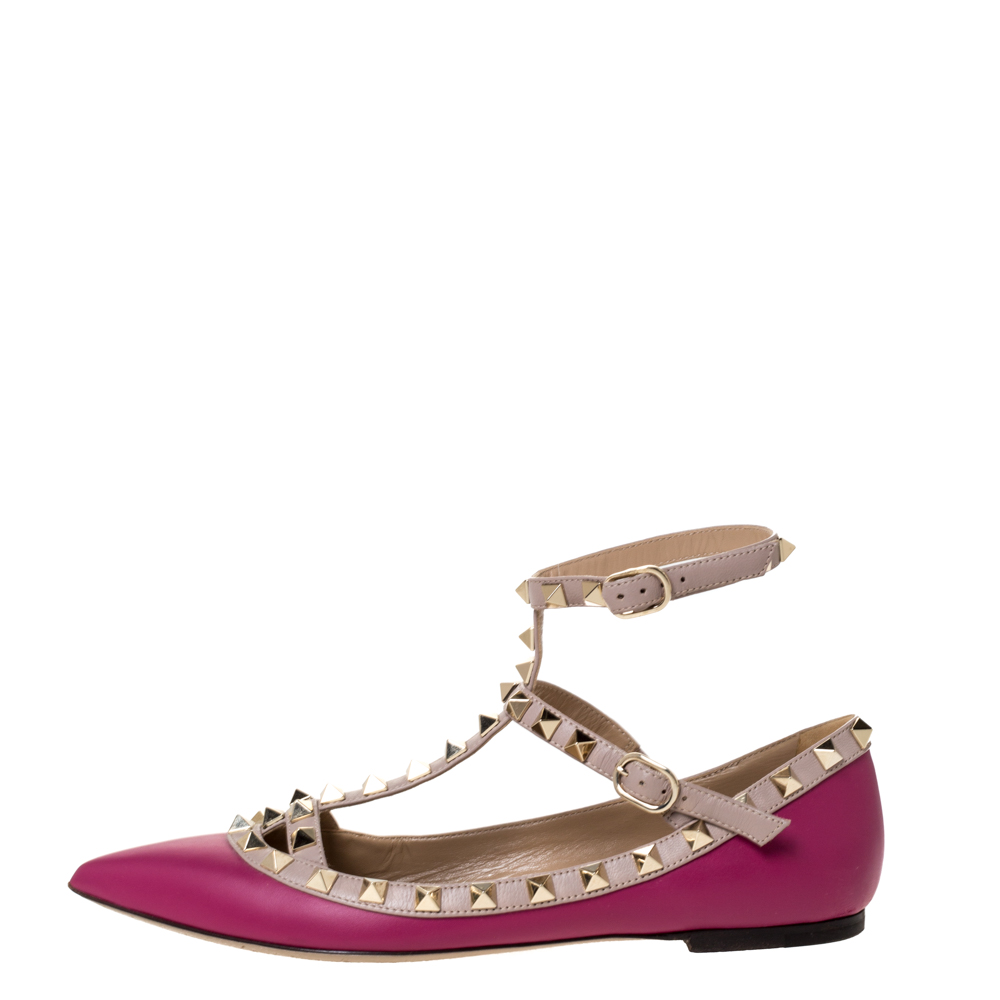 

Valentino Dark Magenta Leather Rockstud Cage Ballet Flats Size, Pink