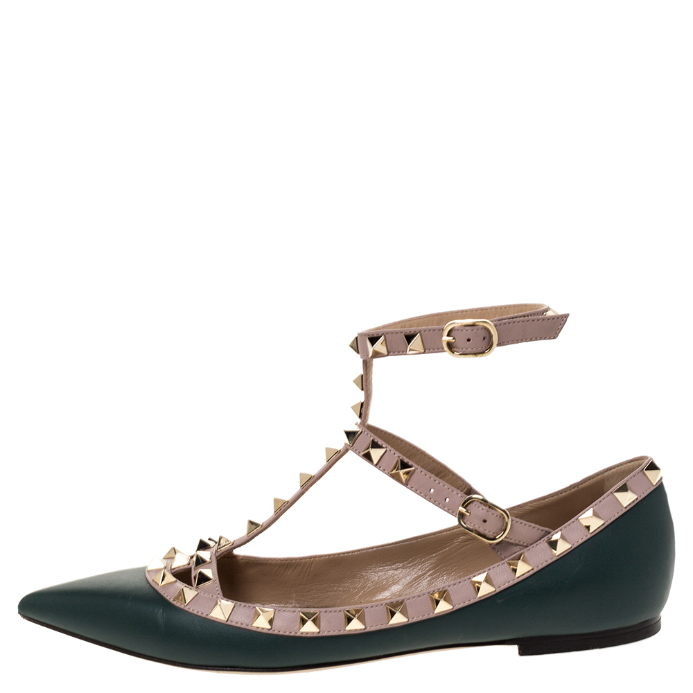

Valentino Green Leather Rockstud Ankle Strap Ballet Flats Size