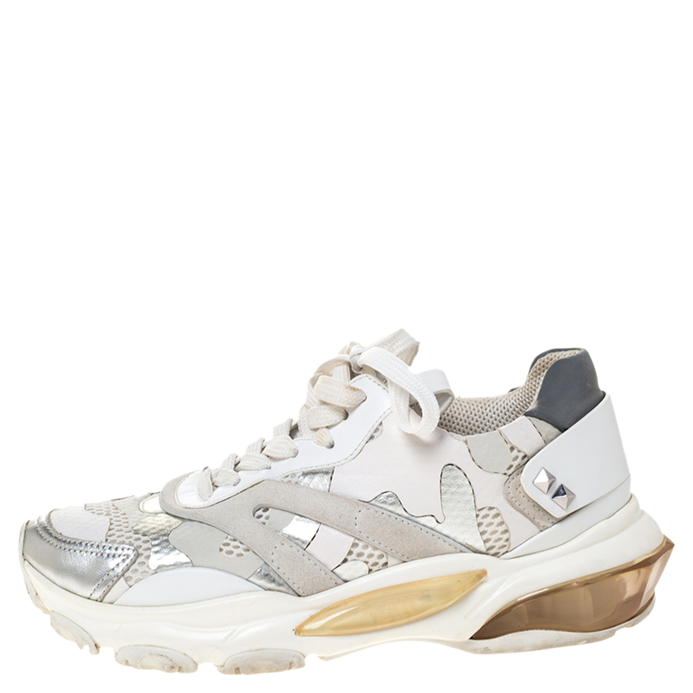 

Valentino White/Silver Camouflage Leather And Mesh Bounce Sneakers Size