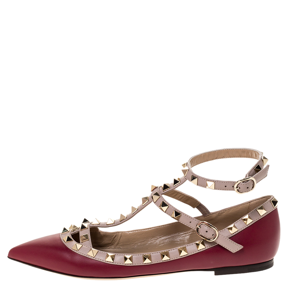 

Valentino Burgundy Leather Rockstud Ankle Strap Ballet Flats Size