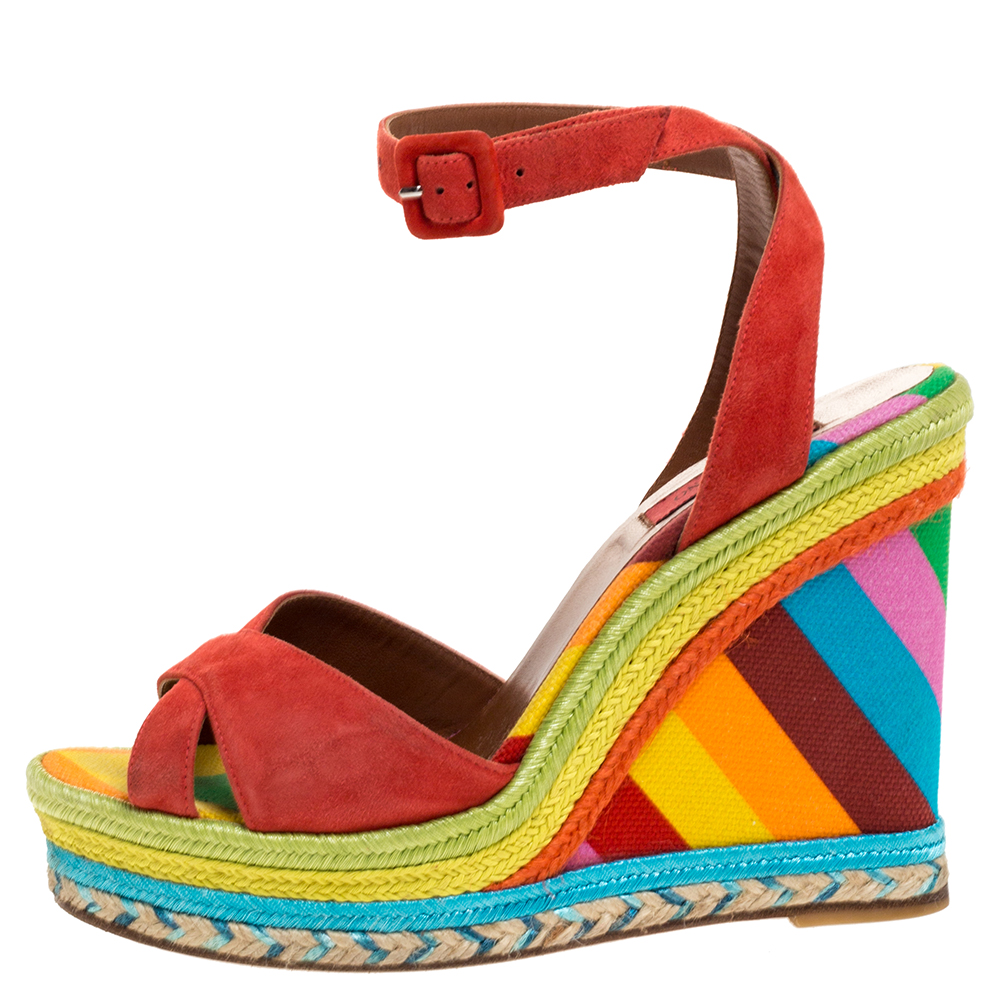 

Valentino Multicolor Suede Leather 1973 Espadrille Wedge Ankle Strap Sandals Size