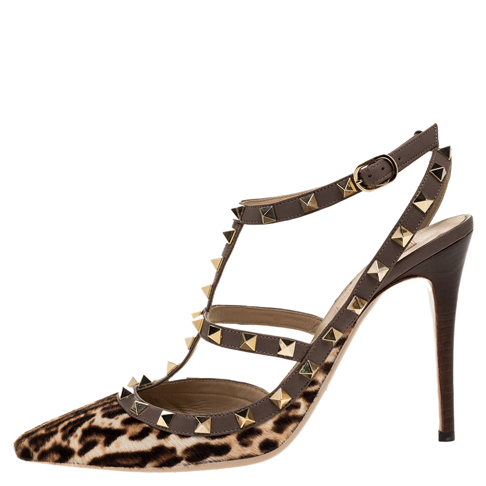 

Valentino Taupe Grey/Brown Leopard Print Calfhair and Leather Rockstud Caged Sandals Size