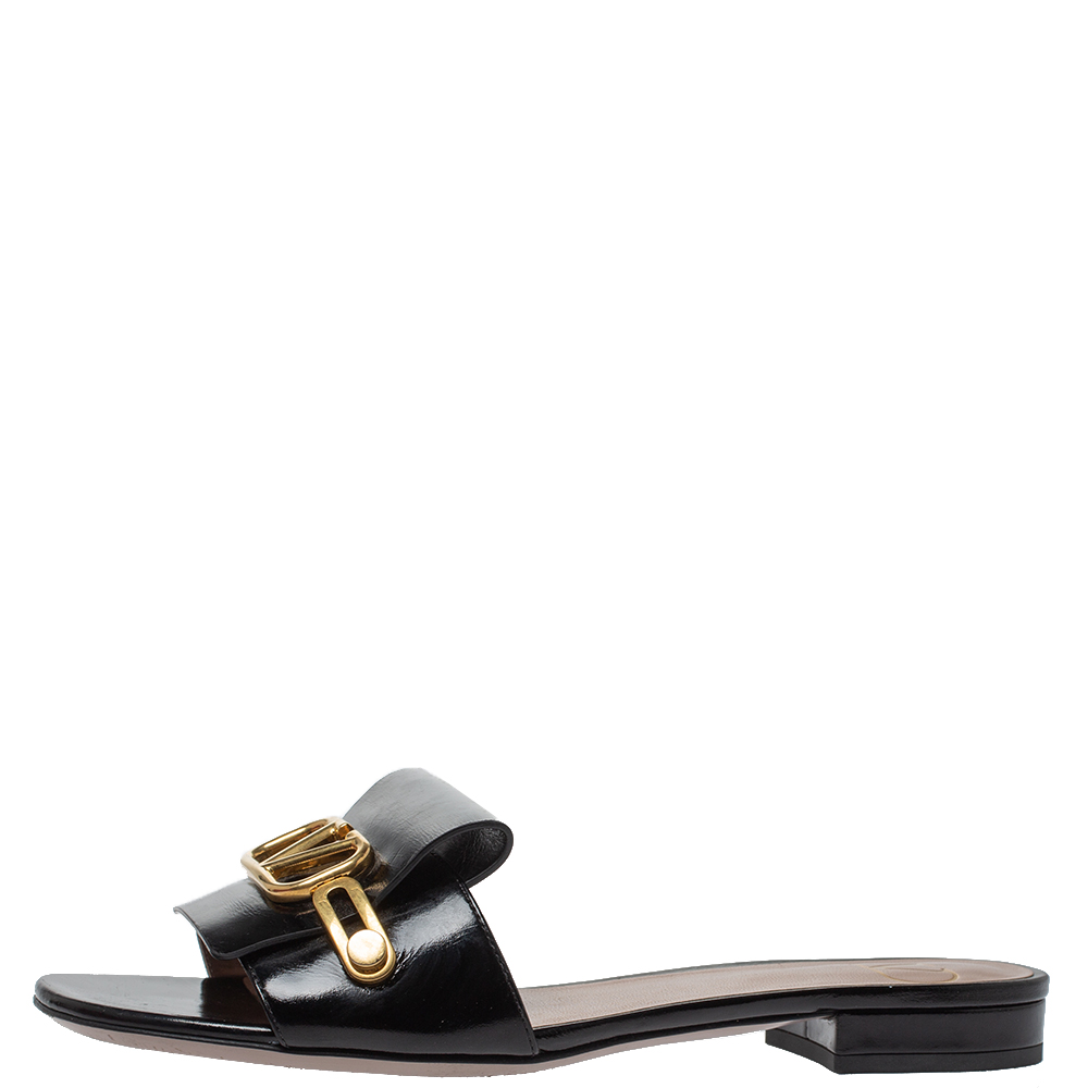 

Valentino Black Leather Vlogo Flat Slides Size