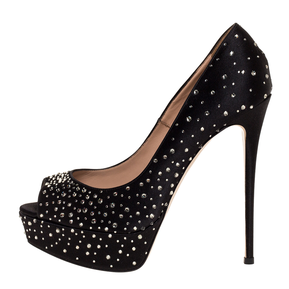 

Valentino Black Crystal Embellished Satin Peep Toe Platform Pumps Size