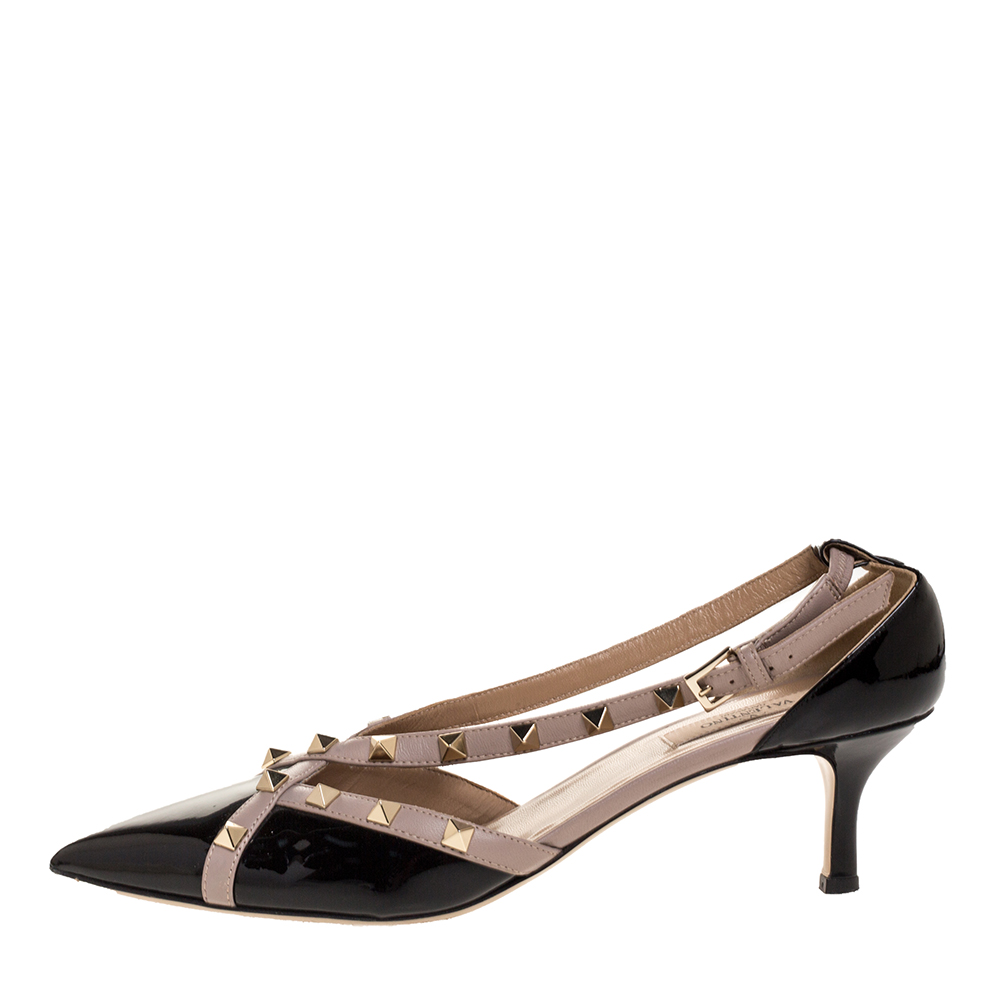 

Valentino Black/Beige Patent And Leather Studded Crisscross D'orsay Pumps Size