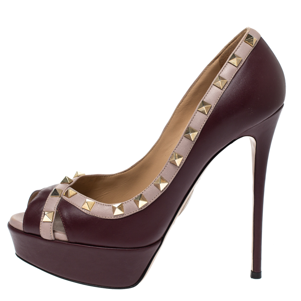 

Valentino Burgundy/Beige Leather Rockstud Crisscross Peep Toe Platform Pumps Size