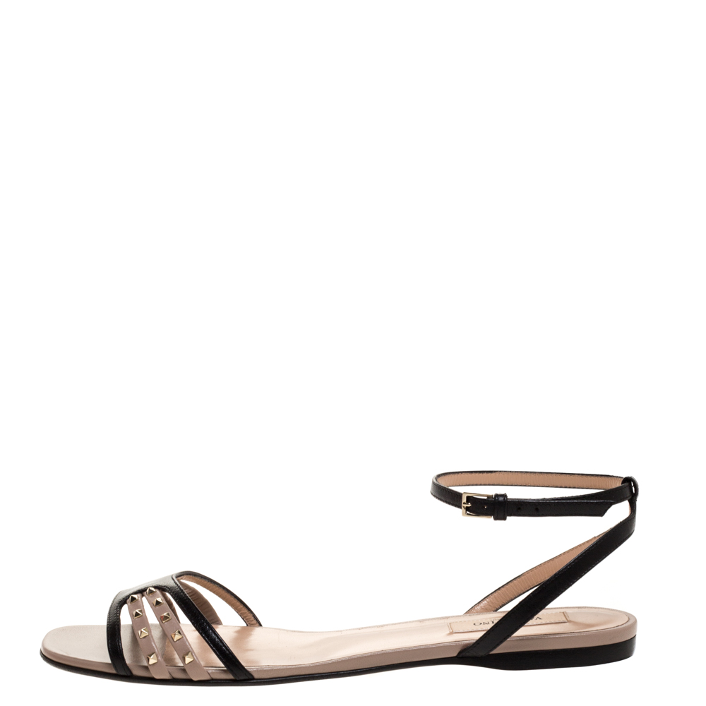 

Valentino Black/Beige Leather Rockstud Ankle Strap Flat Sandals Size