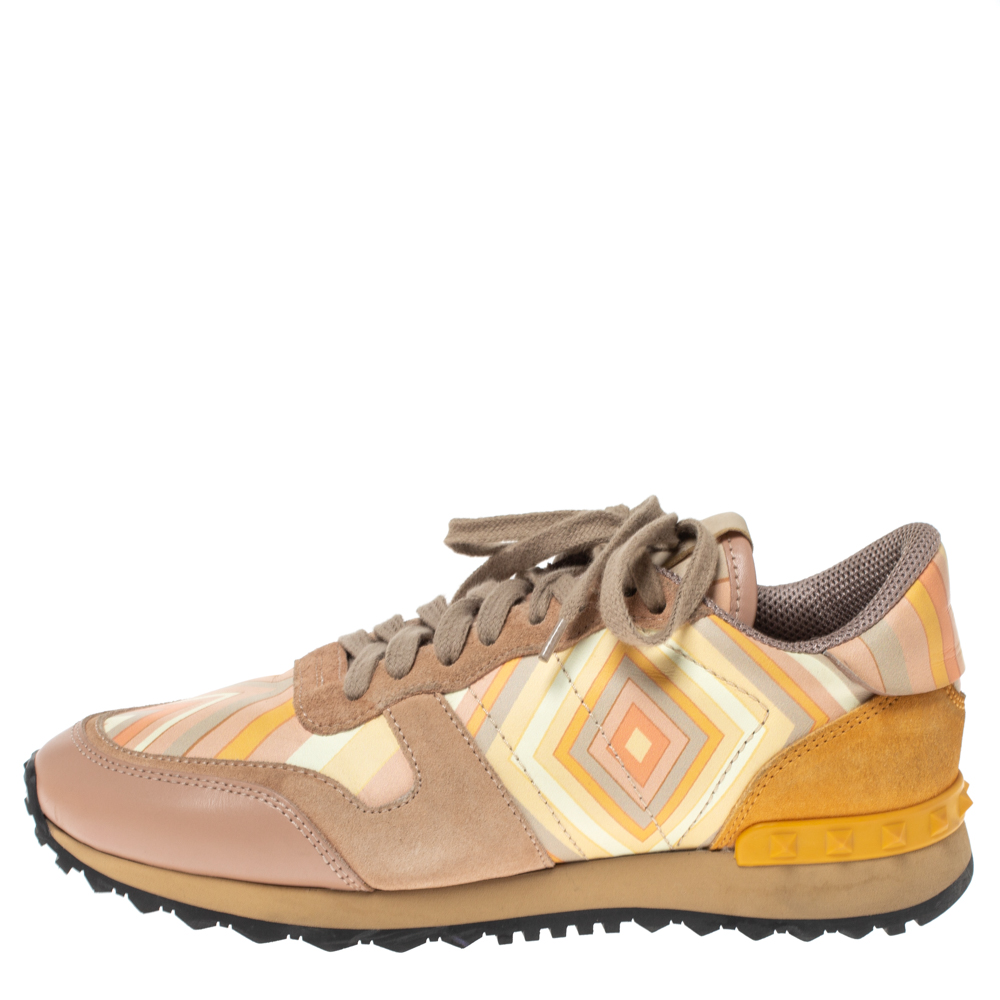

Valentino Multicolor Native Couture Leather And Suede Rockrunner Low Top Sneakers Size