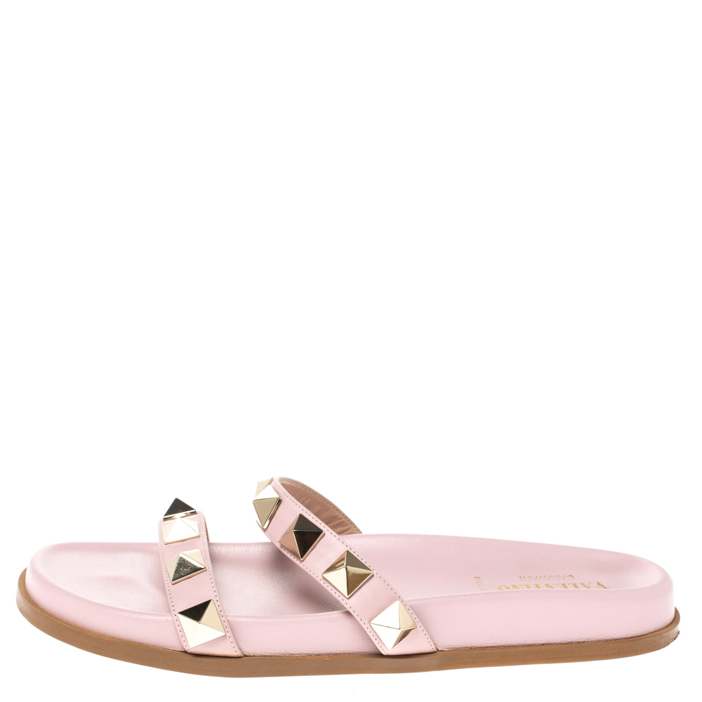 

Valentino Pink Leather Rockstud Flat Slides Size