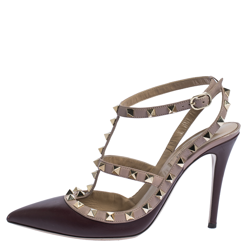 

Valentino Burgundy Leather Rockstud Pointed Toe Ankle Strap Sandals Size