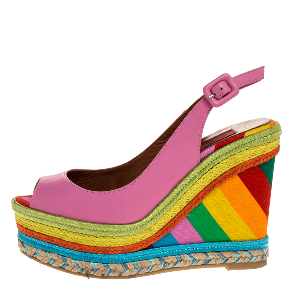 

Valentino Pink Leather And Multicolor Wedge 1973 Espadrille Slingback Sandals Size