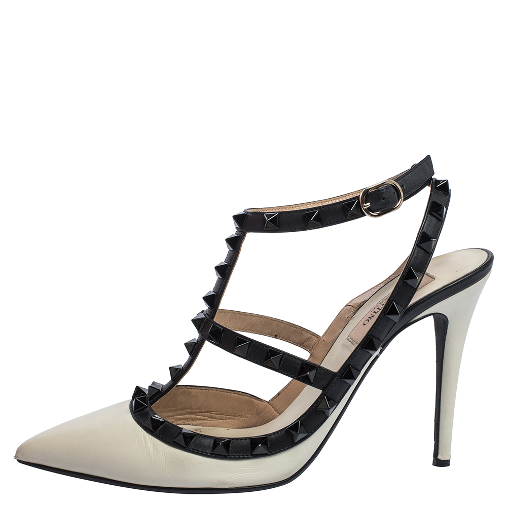 

Valentino White/Black Leather Rockstud Ankle Strap Sandals Size