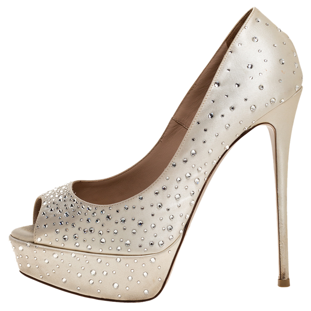 

Valentino Beige Crystal Embellished Satin Peep Toe Platform Pumps Size