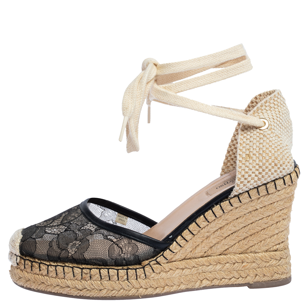 

Valentino Black Lace And Beige Canvas Espadrille Wedges Sandals Size
