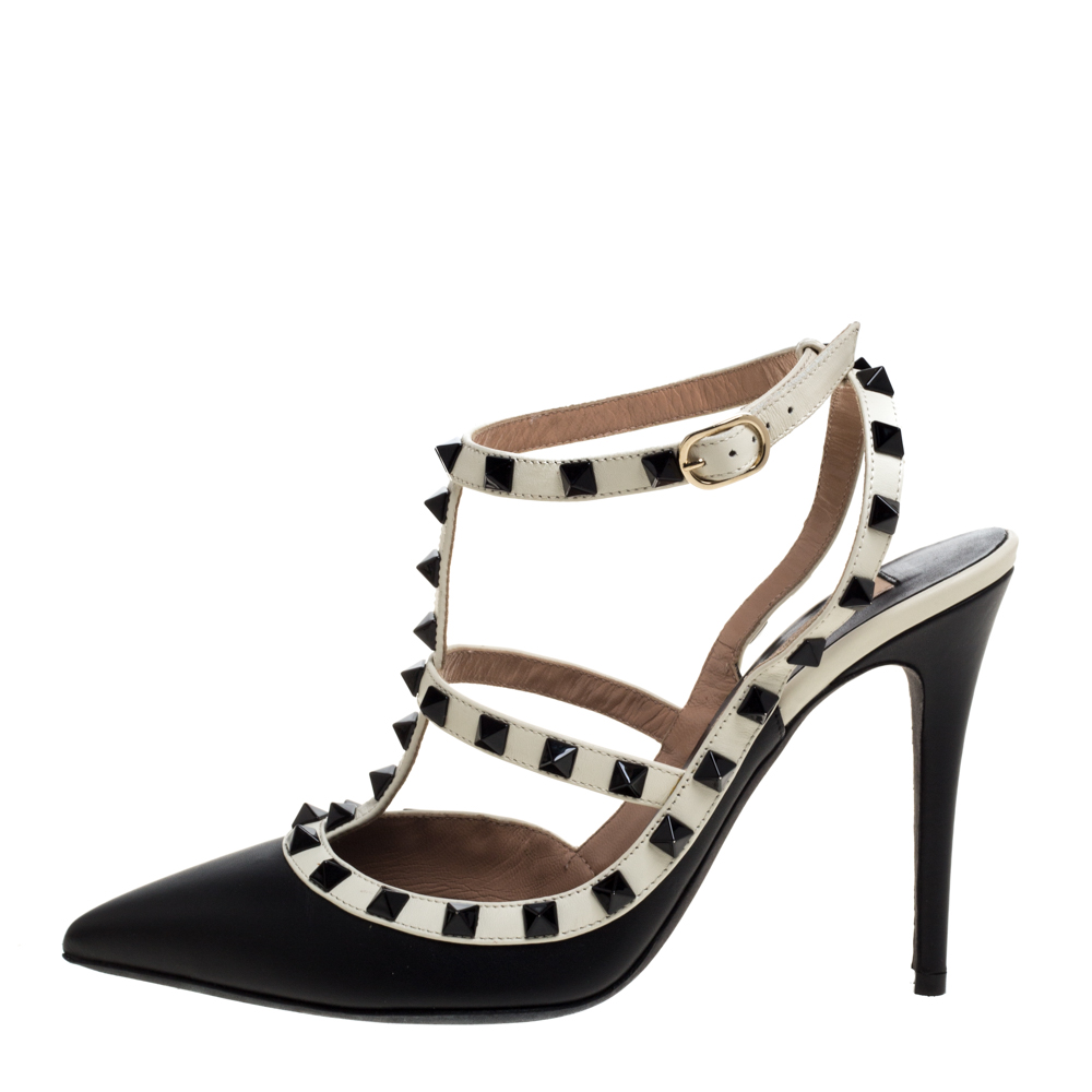 

Valentino Black Leather Rockstud Ankle Strappy Sandals Size