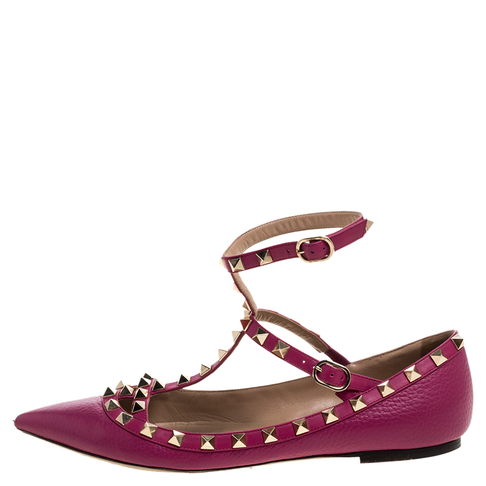 

Valentino Pink Leather Rockstud Ankle Cuff Ballet Flats Size