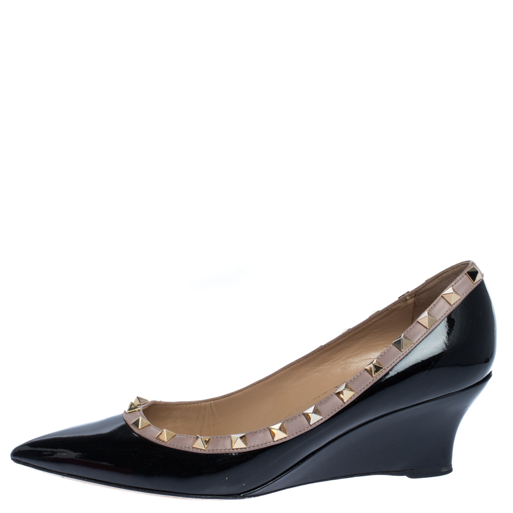

Valentino Black Leather Rockstud Pointed Toe Wedge Pumps Size