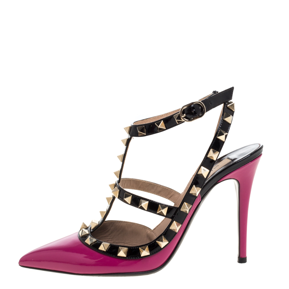 

Valentino Pink/Black Patent Leather Rockstud Strappy Sandals Size