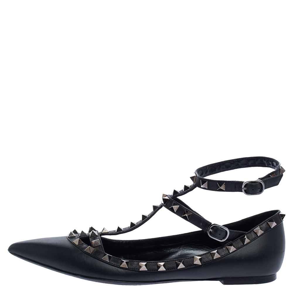 

Valentino Black Leather Rockstud Ankle Strap Ballet Flats Size