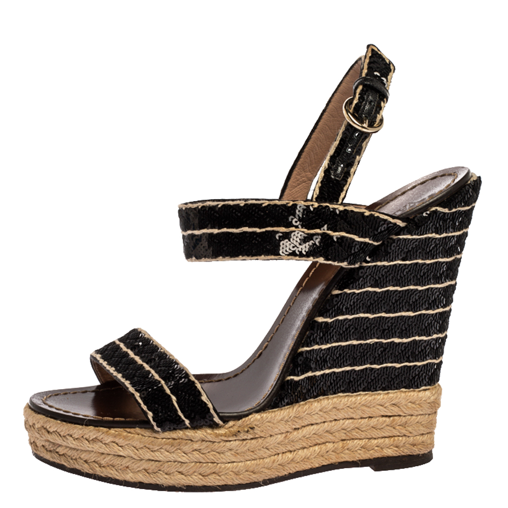 

Valentino Black Sequins Ankle Strap Espadrille Wedge Sandals Size