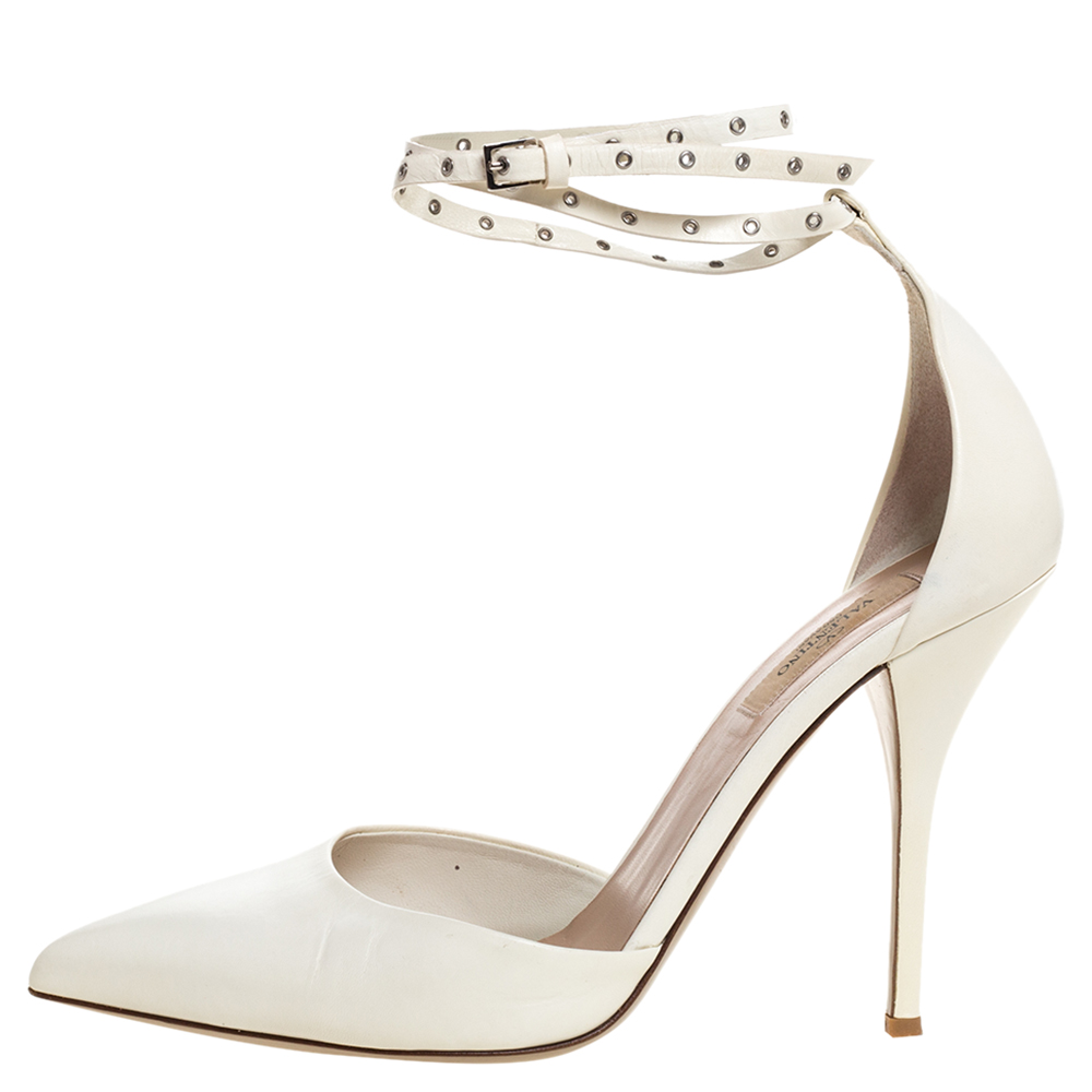 

Valentino White Leather Eyelet Ankle Strap Pointed Toe Pumps Size