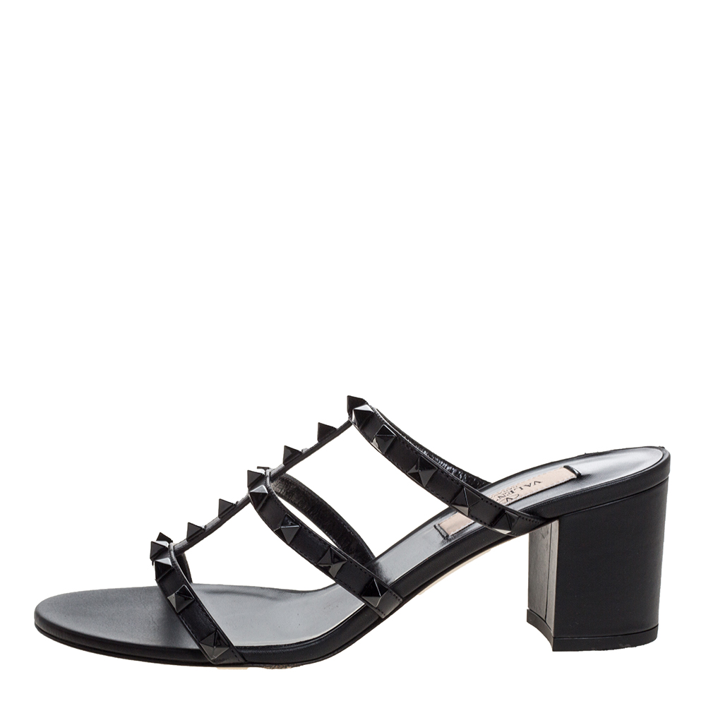 

Valentino Black Leather Rockstud Strappy Block Heel Sandals Size