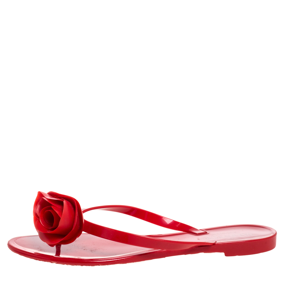 

Valentino Red Jelly Couture Rose Thong Flat Sandals Size
