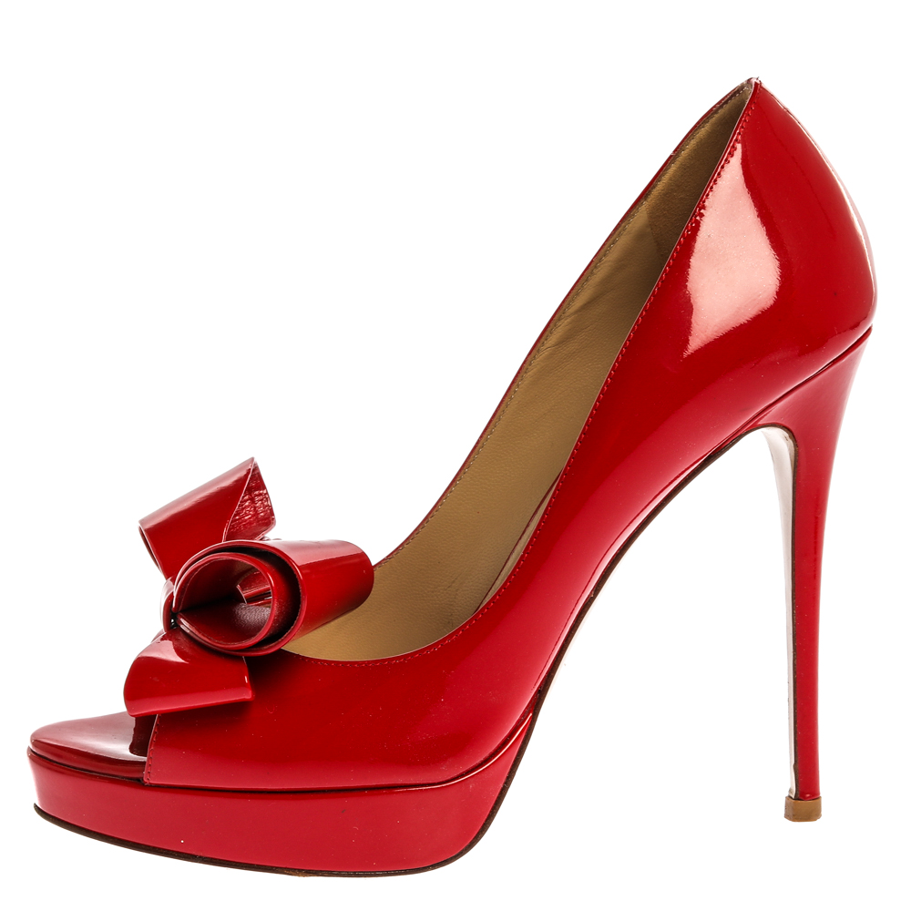 

Valentino Red Patent Leather Couture Bow Peep Toe Platform Pumps Size