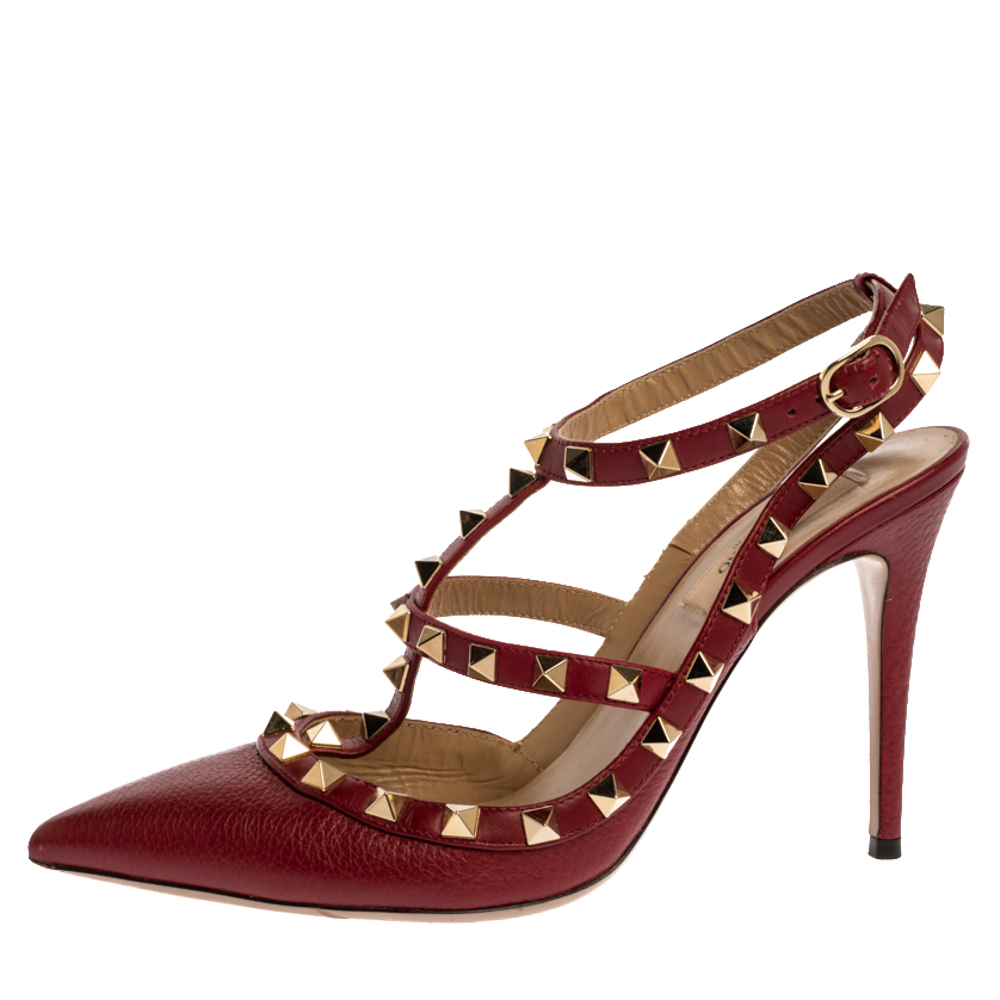 

Valentino Burgundy Leather Rockstud Cage Ankle Strap Sandals Size