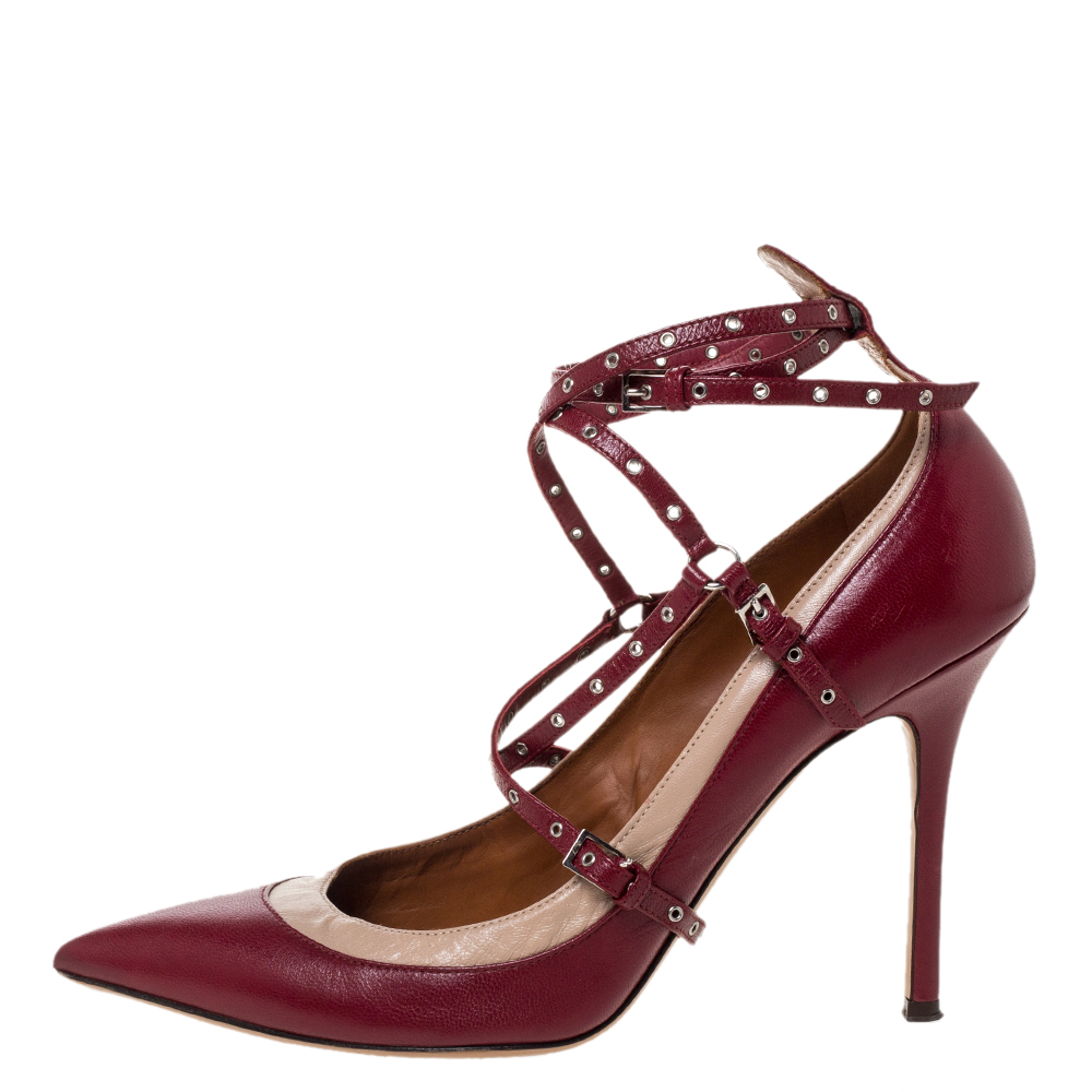 

Valentino Two Tone Leather Love Latch Detail Eyelet Embellished Pumps Size, Burgundy