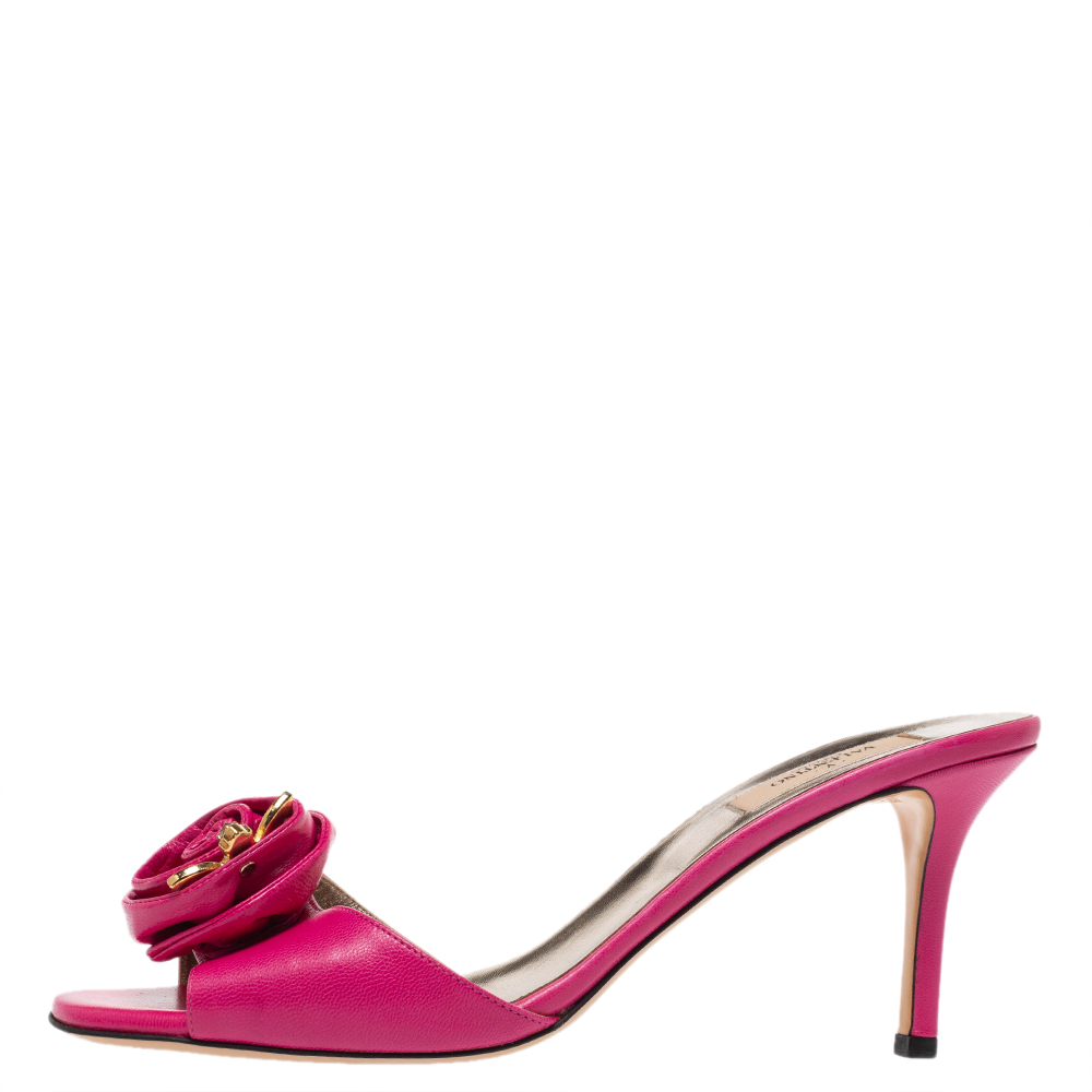 

Valentino Pink Leather Rose Applique Open Toe Sandals Size