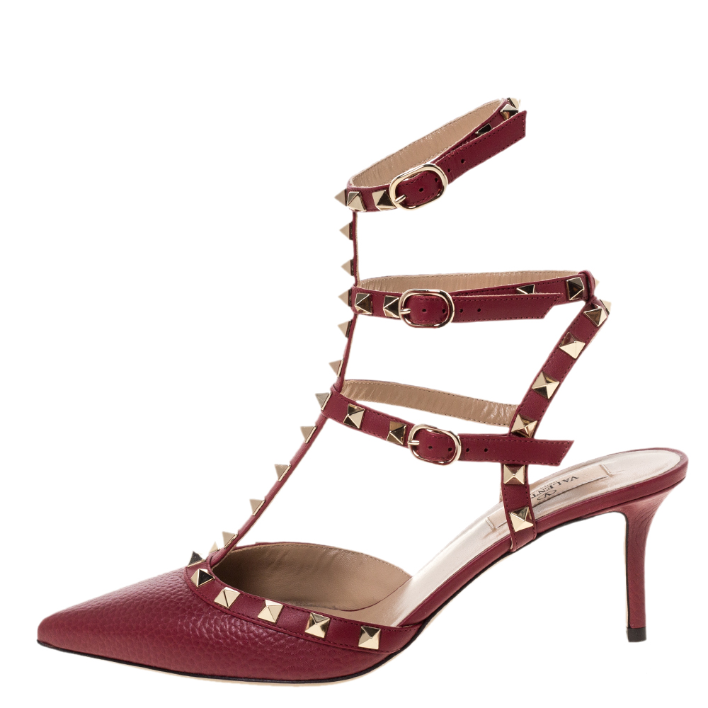 

Valentino Burgundy Leather Caged Rockstud Ankle Strap Sandals Size