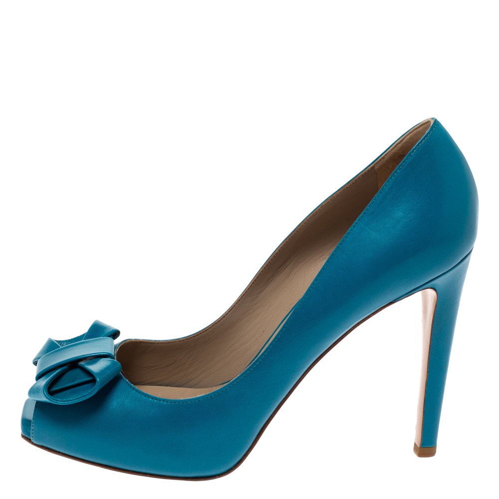 

Valentino Blue Leather Bow Detail Peep Toe Pumps Size