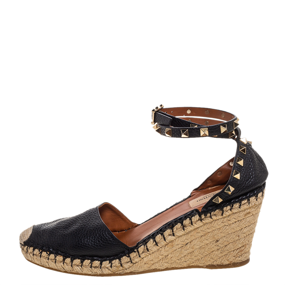 

Valentino Black Leather Rockstud Espadrille Wedge Ankle Wrap Sandals Size