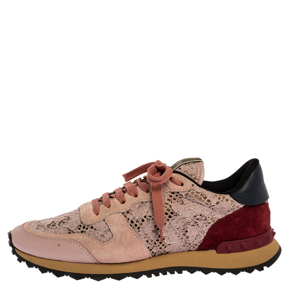 

Valentino Slate Pink Lace and Suede Rockrunner Sneakers Size