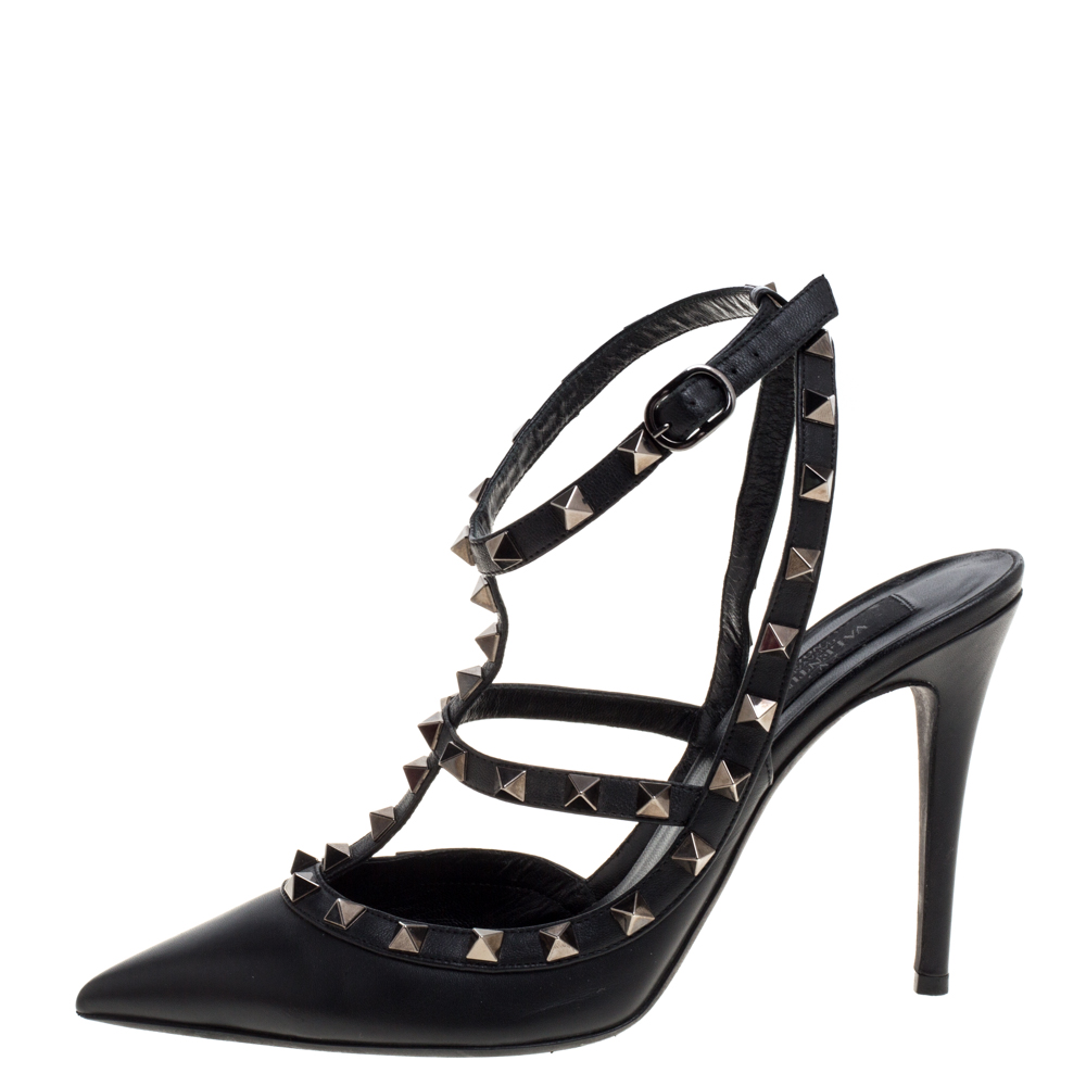 

Valentino Black Leather Rockstud Ankle Strap Pointed Toe Sandals Size