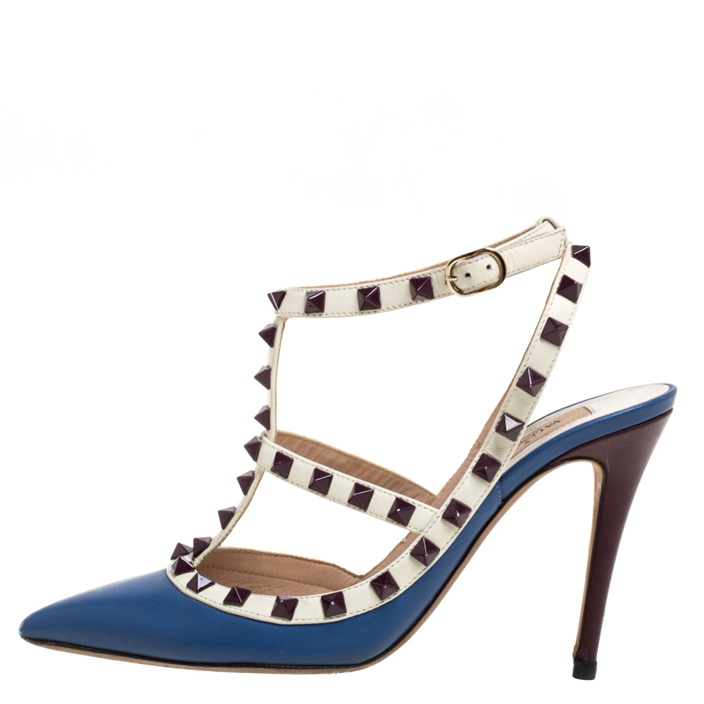 

Valentino Blue/White Leather Rockstud Ankle Strap Sandals Size