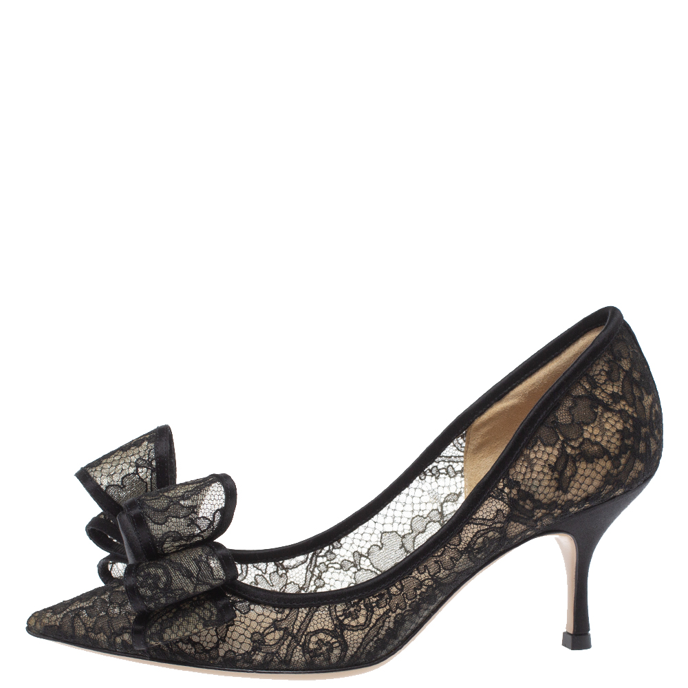 

Valentino Black Floral Lace Couture Bow Pointed Toe Pumps Size