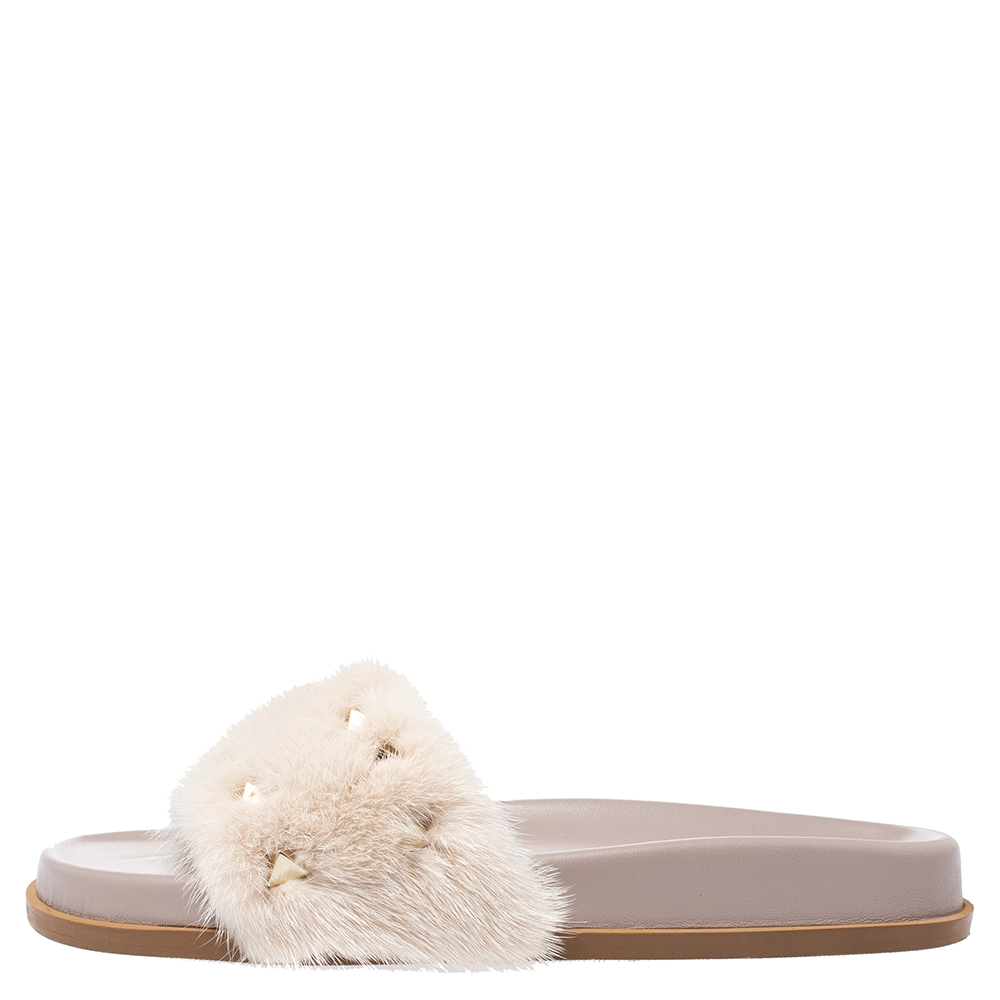 

Valentino Beige Mink Fur Rockstud Flat Slides Size