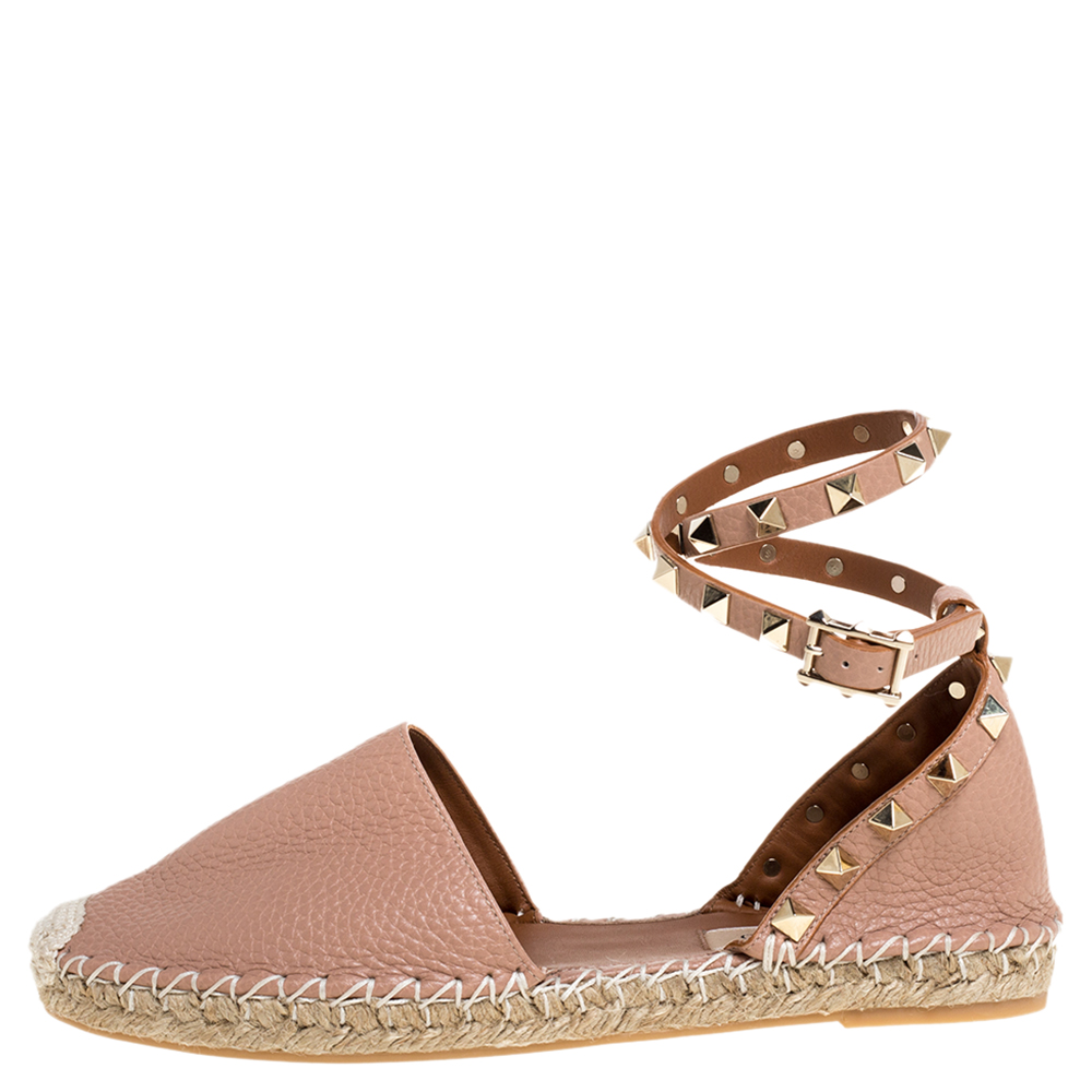 

Valentino Beige Leather Rockstud Espadrille Ankle Wrap Flats Size
