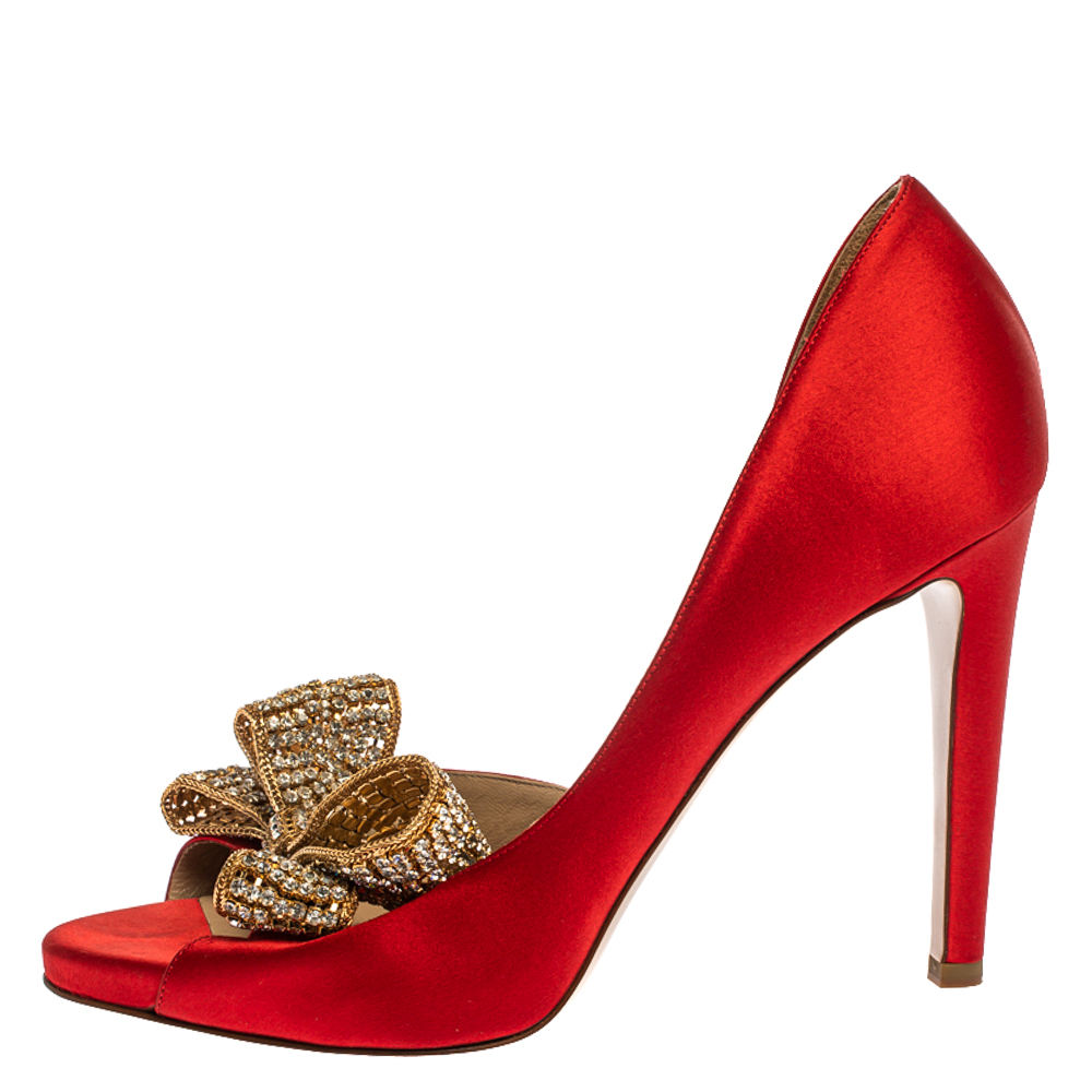 

Valentino Red Satin Crystal Embellished Bow Dorsay Peep Toe Pumps Size